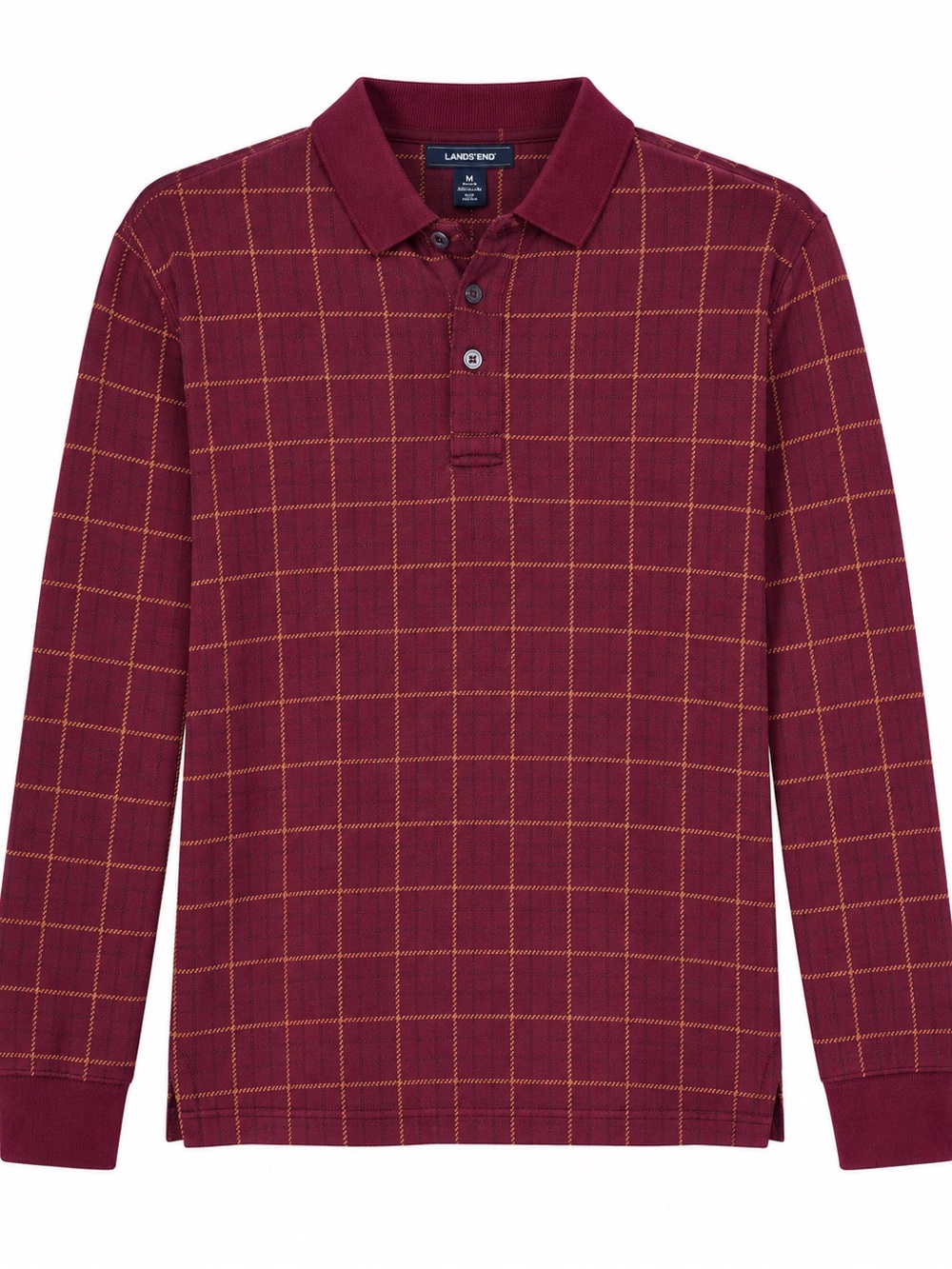 Lands' End Men's Burgundy Polo with Gold Windowpane